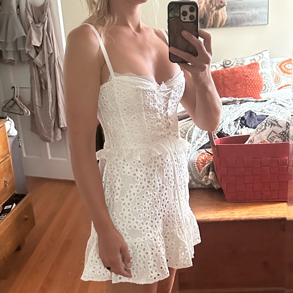 Free People x For Love & Lemons Sadie White Eyelet Corset Tiered Mini Dress - Picture 5 of 6